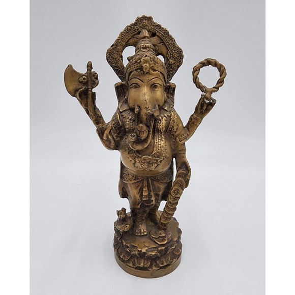 Lord Ganesha Brass 9" Exotic Art Statue Hindu Collectible Religion Symbolism - Picture 2 of 11